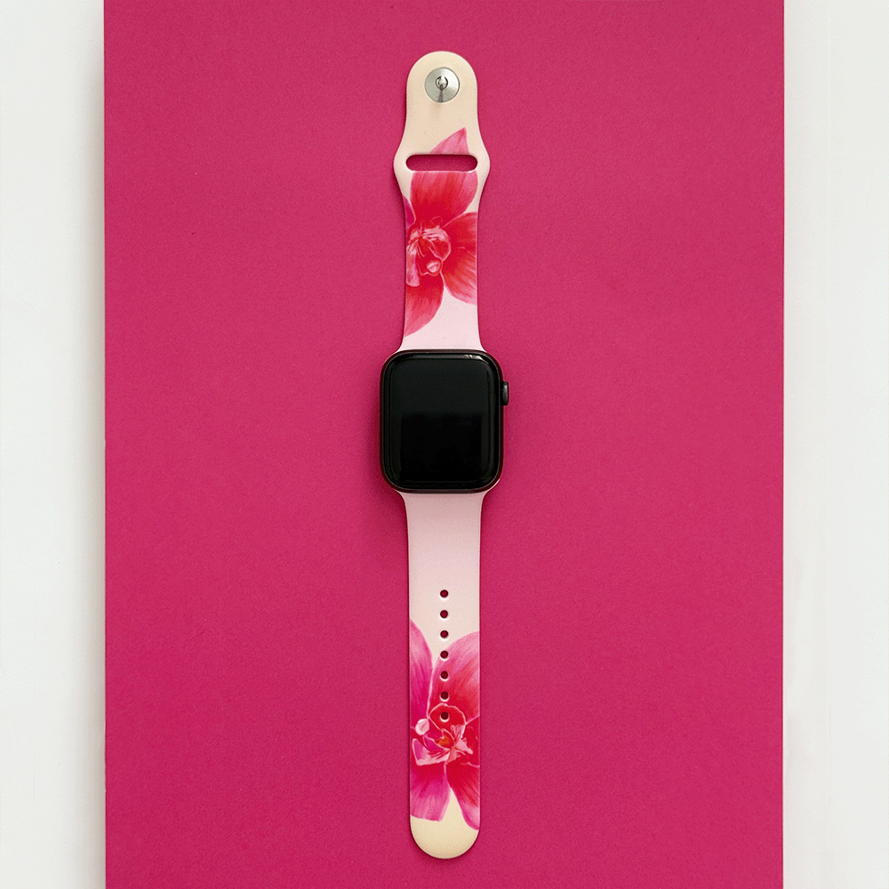 Pink Apple Watch Strap with pink orchid flowers.