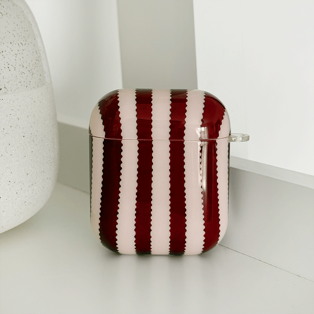 Burgundy and light pink striped protective case for Apple AirPods.
