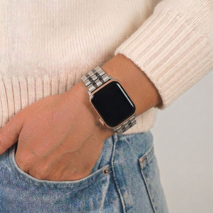 Girl wearing Black and Silver Stainless Steel Watch Strap