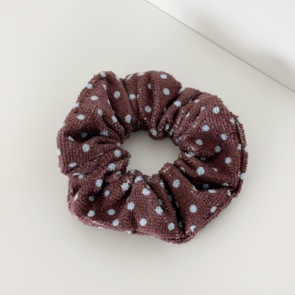 Brown & blue polka dot design Scrunchie in towel material. 
