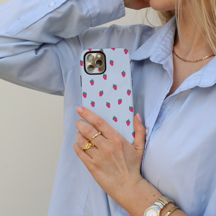 Tough MagSafe® Phone Case - Blue Stripe Strawberries