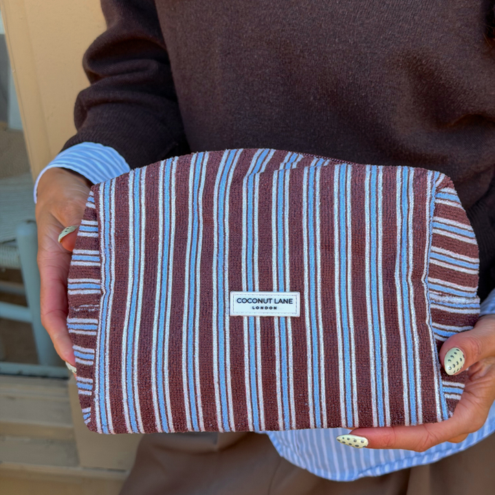 Close up image of Brown and Blue Stripe Towel Makeup Bag