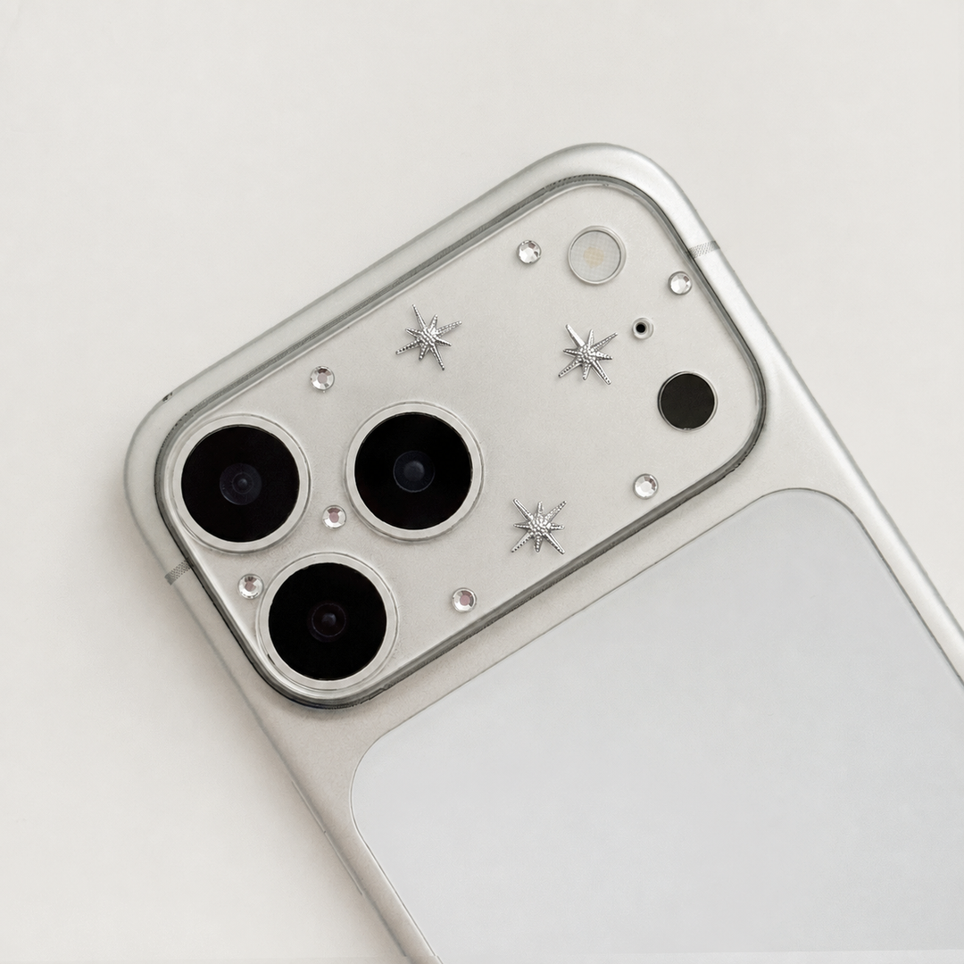 Clear Camera Lens Protector to fit iPhone 17 Pro or iPhone 17 Pro Max. Design features silver stars and diamantes.