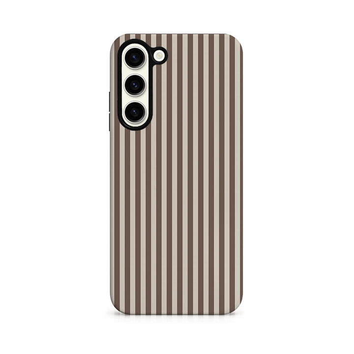 Phone case with a neutral vertical striped pattern on a white background