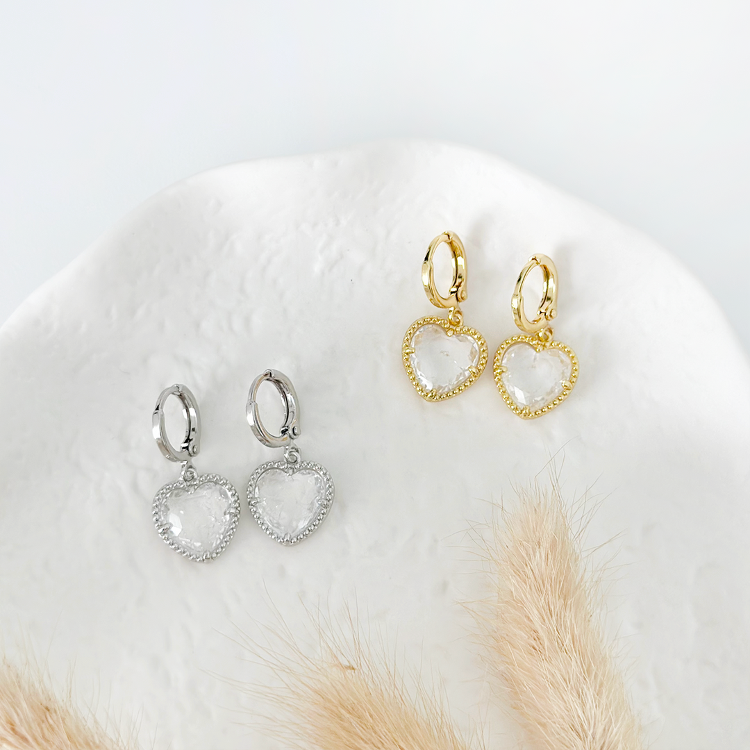 Crystal Heart Huggie Hoop Earrings - Clear