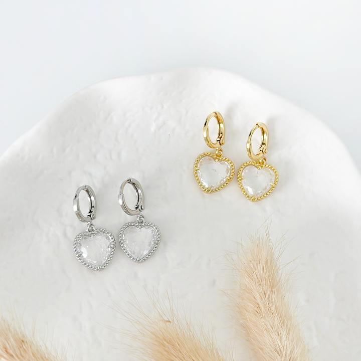 Crystal Heart Huggie Hoop Earrings - Clear