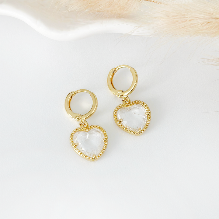 Crystal Heart Huggie Hoop Earrings - Clear