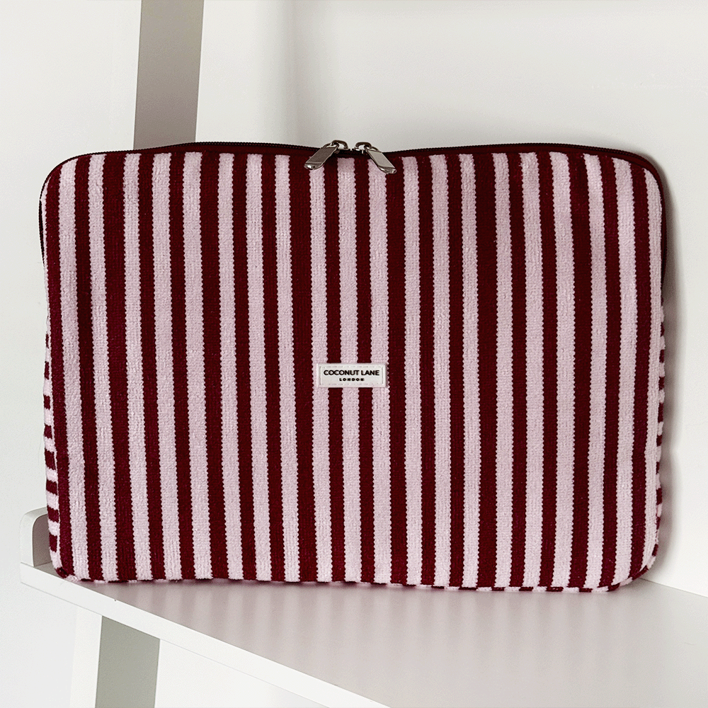 Burgundy and light pink striped Laptop Sleeve, with silver zip and Coconut Lane logo.