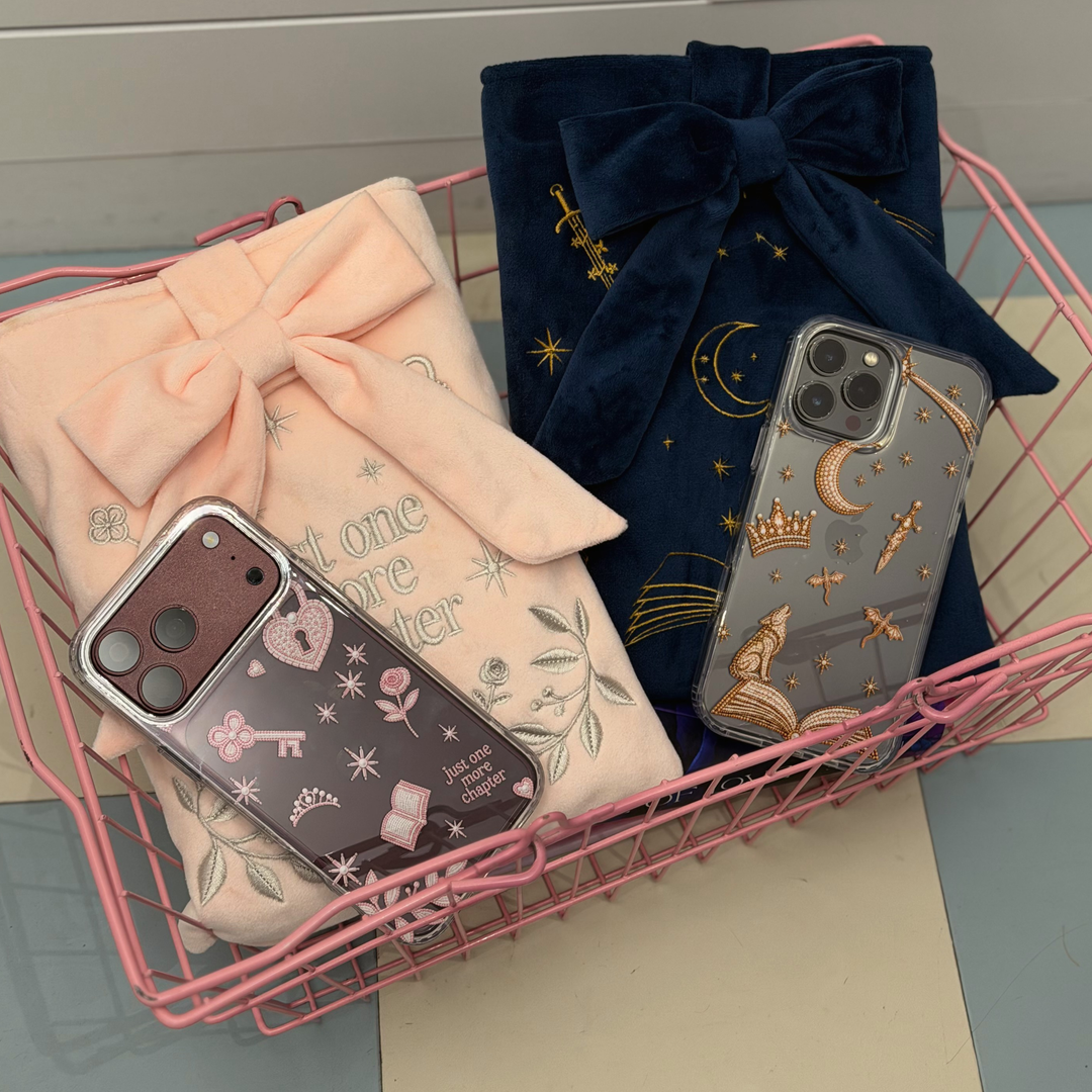 Love and lore collection featuring Fantasy girl clear case and book sleeve, alongside the Romance girl clear phone case and book sleeve. 

