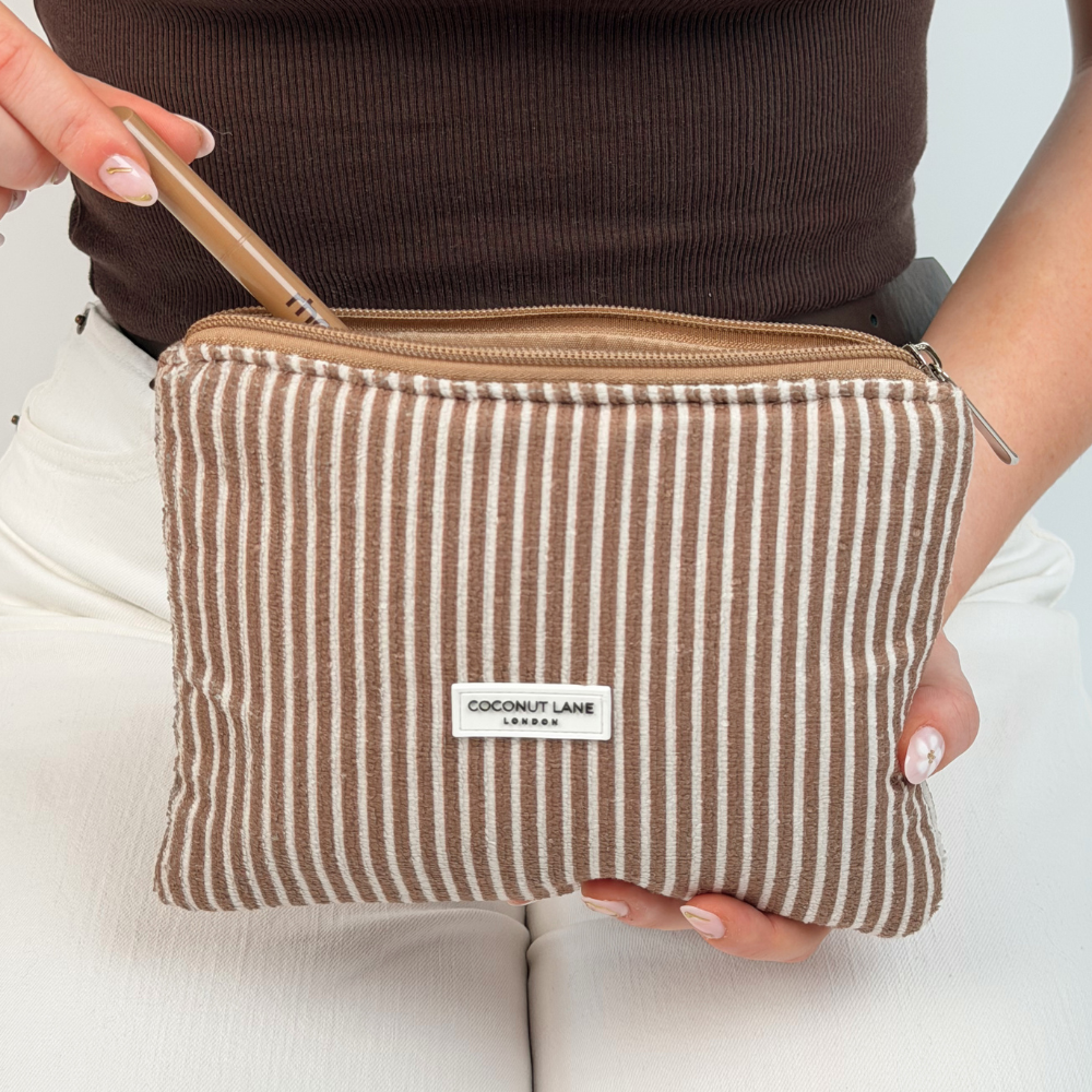 Mini Towel Everything Pouch Chestnut Stripes in girls lap