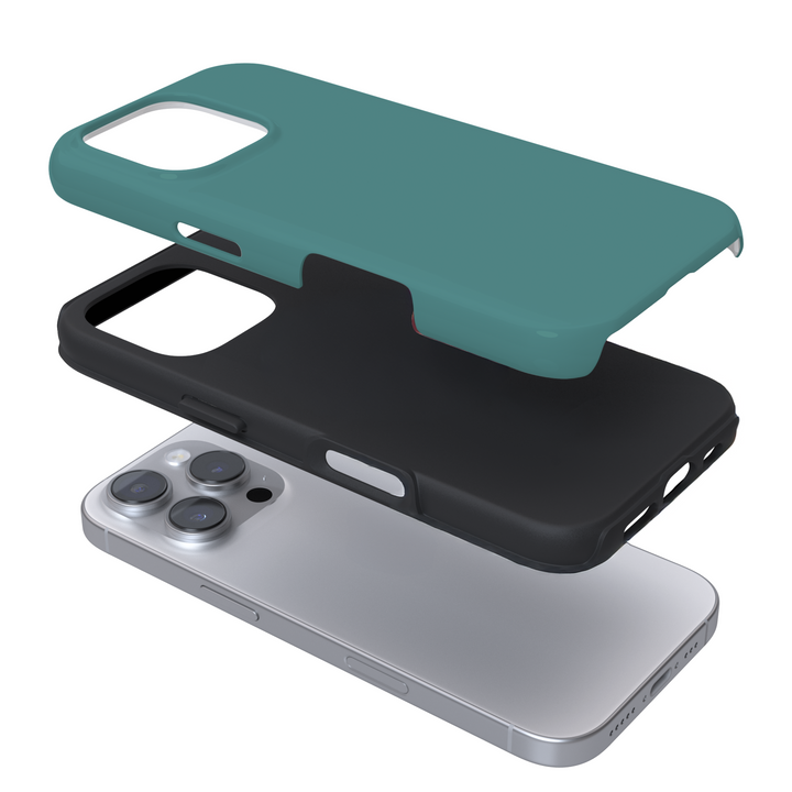 Expanded view of a teal phone case on a white background