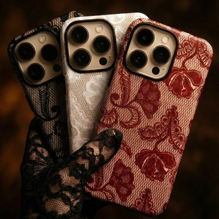 3 Phone Cases being held by a hand with a black lace glove on