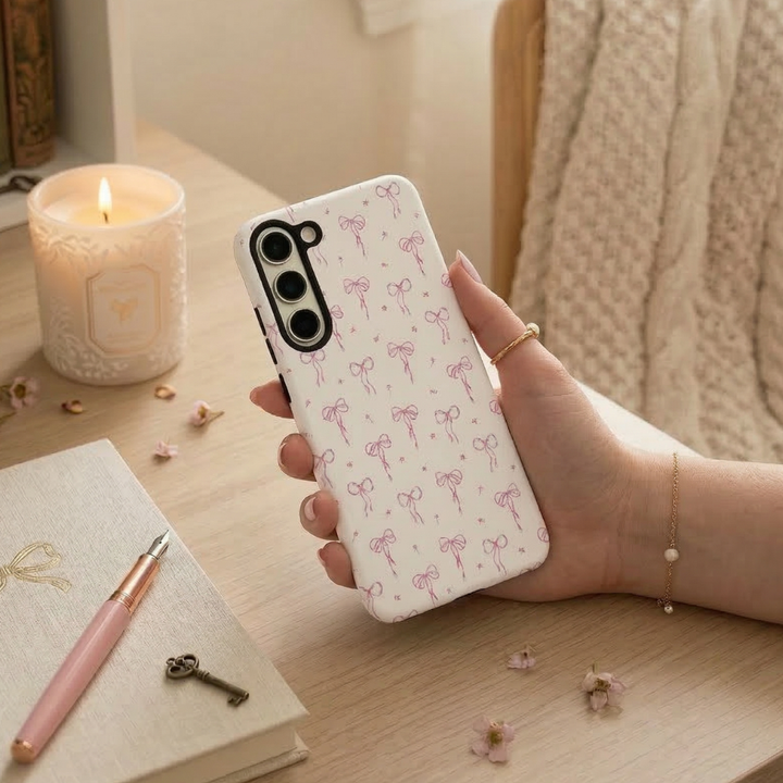 Hand holding Coconut Lane Samsung tough phone case with dainty bows design, near a candle, pen, and key on beige desk.