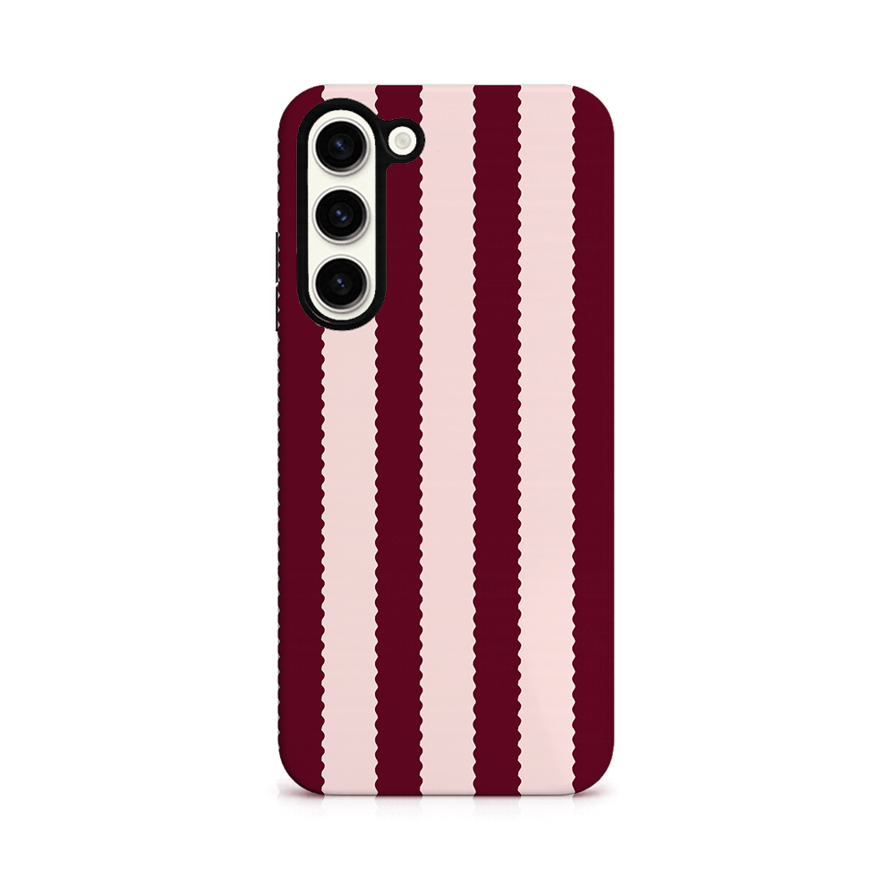 Phone Case with burgundy and pink vertical stripes on a white background.