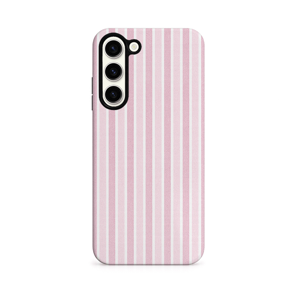 Phone case with pink vertical stripes on a white background.