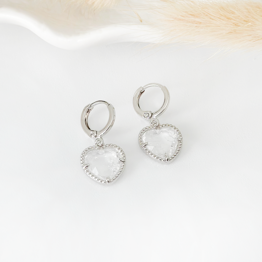 Crystal Heart Huggie Hoop Earrings - Clear