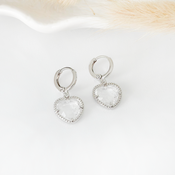 Crystal Heart Huggie Hoop Earrings - Clear