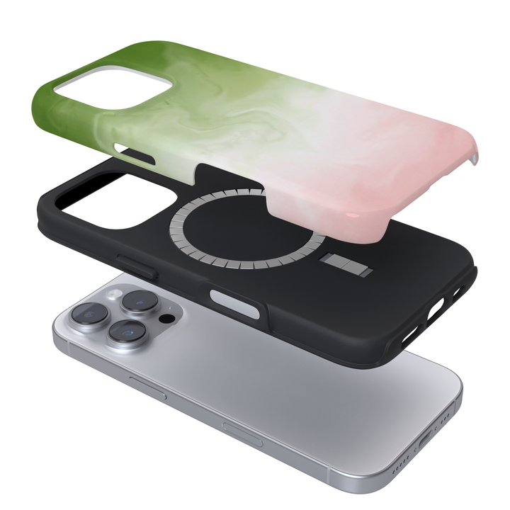 Expanded view of a Magsafe phone case with with a pink matcha gradient design on a white background