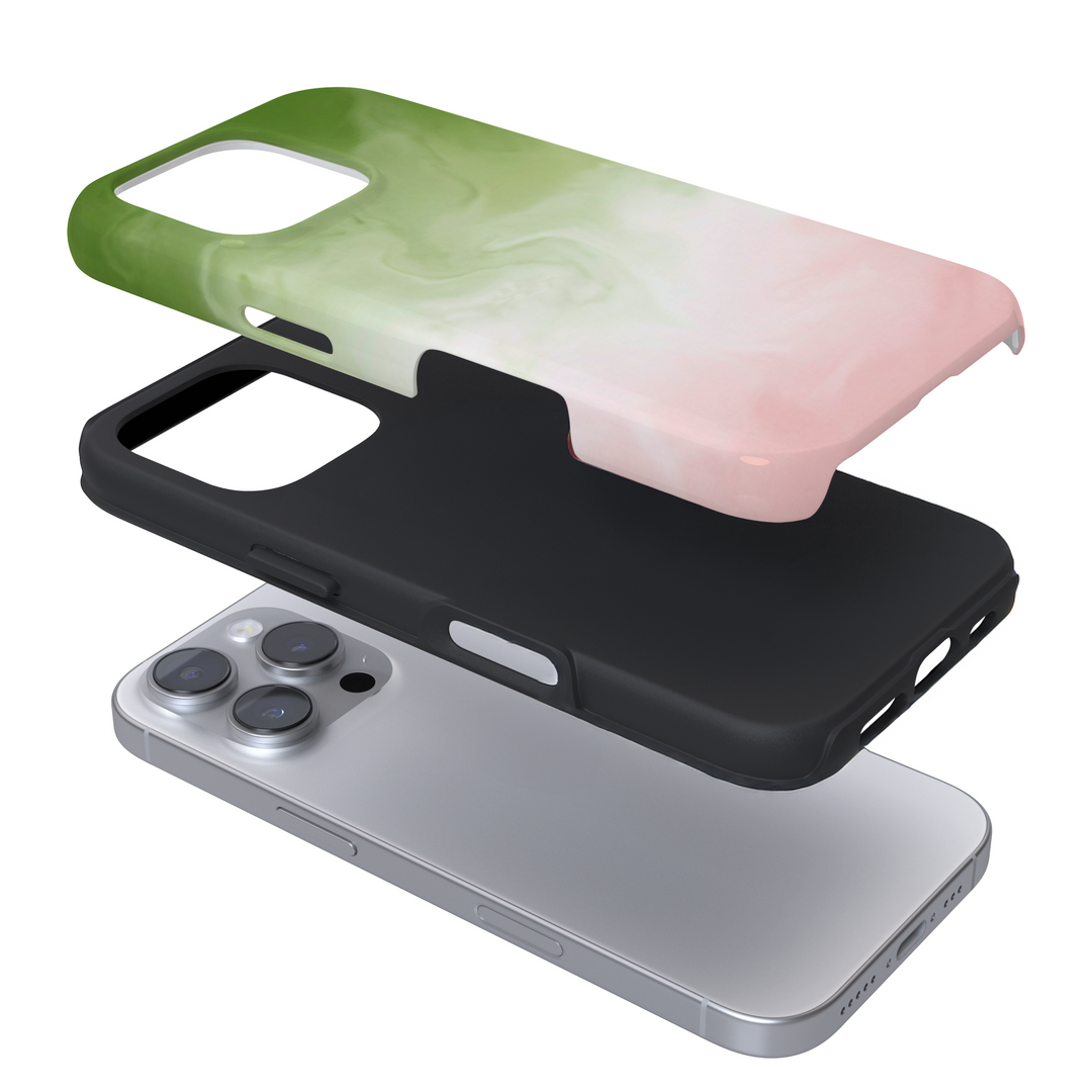 Expanded view of a Phone case with a matcha gradient design on a white background