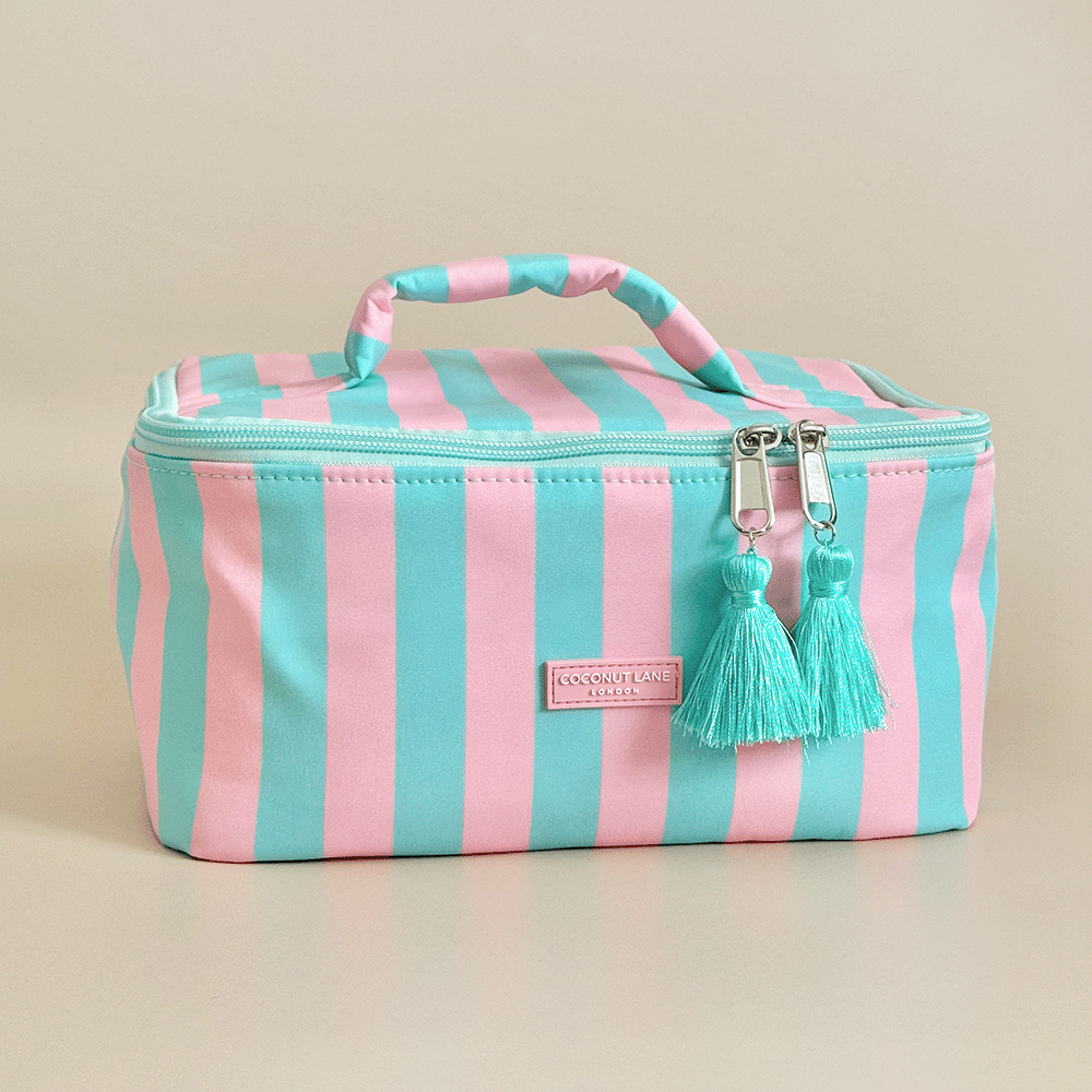 Blue and pink stripe Vanity Case, with tassels and padded handle.