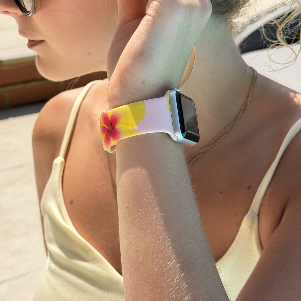 Hibiscus Crush Watch Strap on girls wrist by the pool