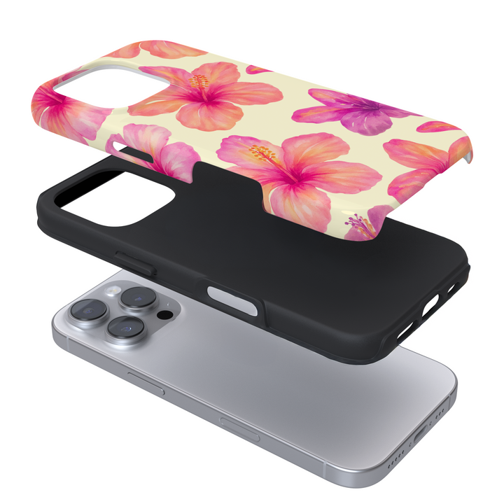 Expanded view of a yellow phone case with a hibiscus pattern on a white background