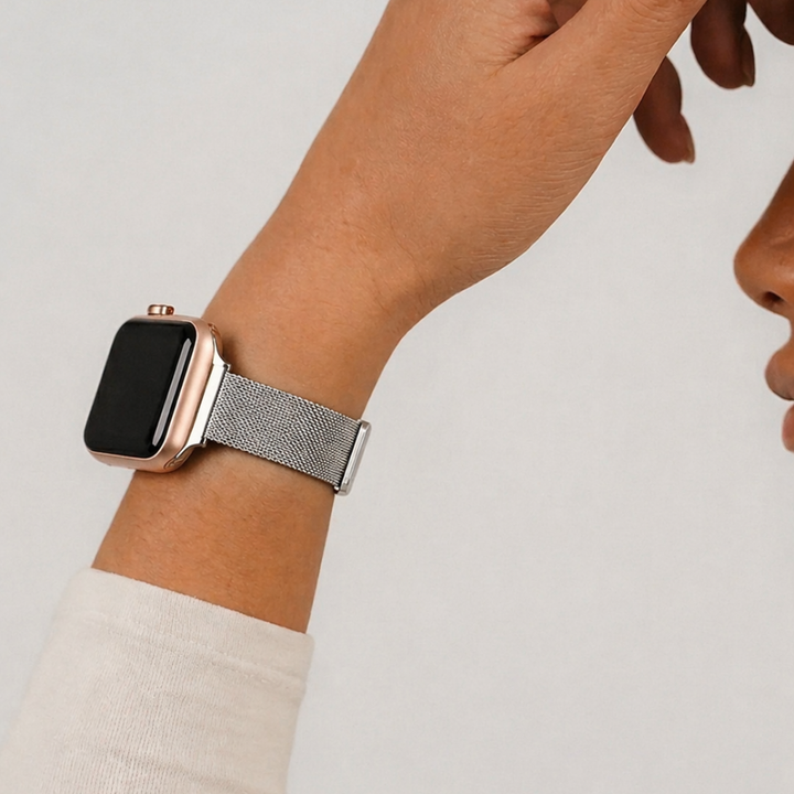 Studio close up image of the silver milanese watch strap