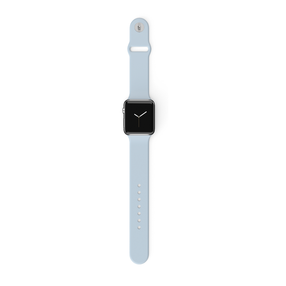 A smartwatch with a square face and a light blue silicone strap, specifically the NAKD Apple Watch Strap - Sky Blue by Coconut Lane, is displayed against a white background. The black watch face, adorned with white hands, and the Sky Blue strap, featuring a silver buckle and multiple adjustment holes, evoke spring-inspired pastels.
