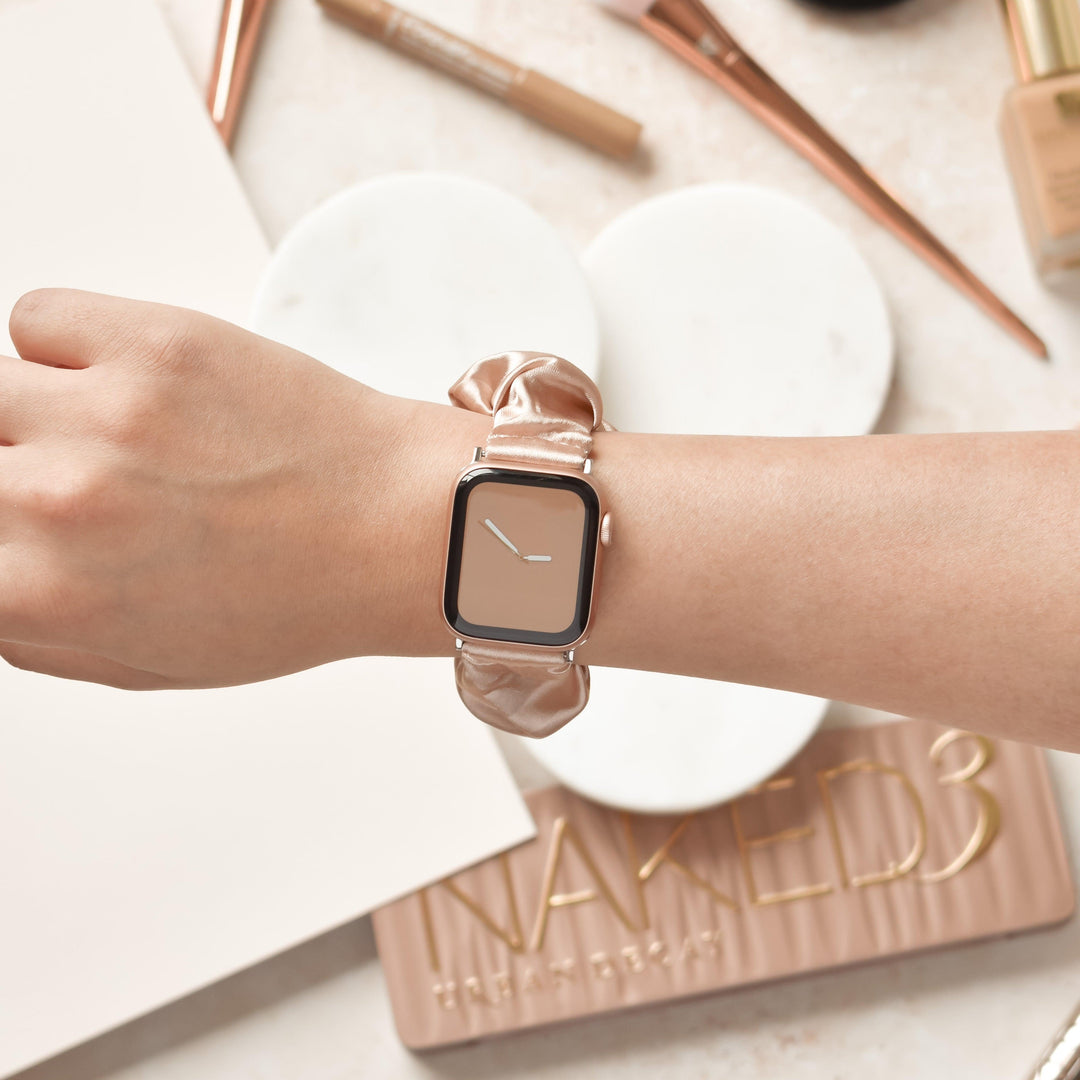 Beige-Satin-Scrunchie-Apple-Watch-Strap-Band-Front
