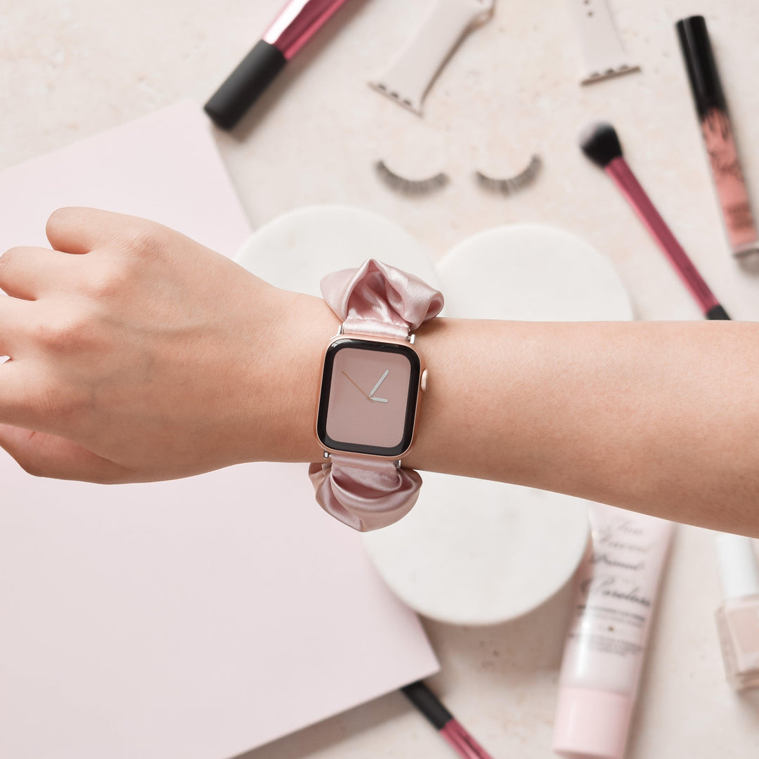 Pink-Satin-Scrunchie-Apple-Watch-Strap-Band-Front